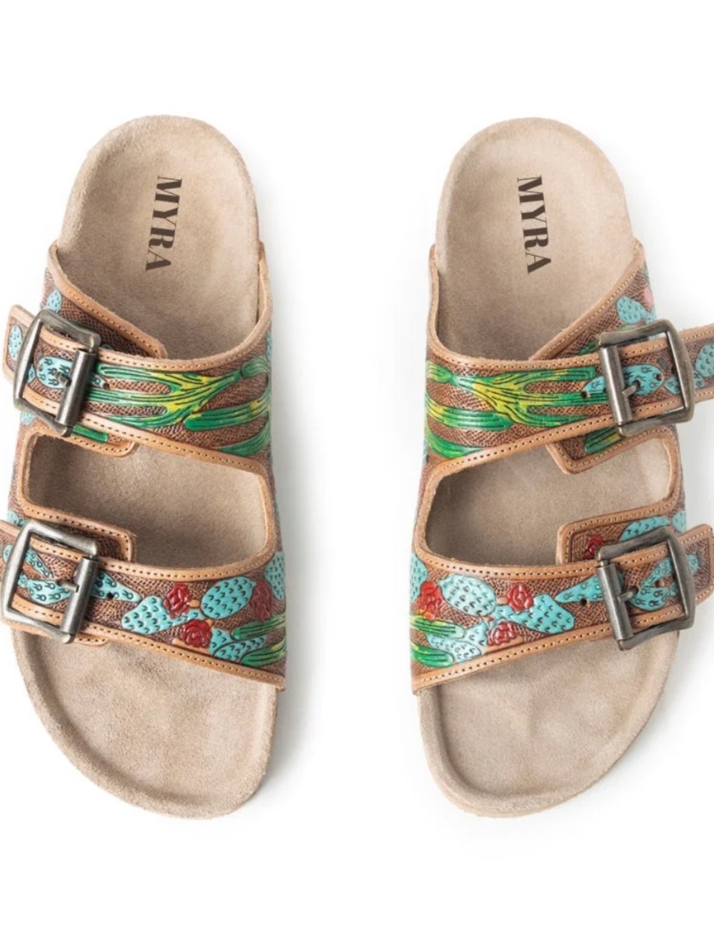 Myra Bag Tan Leather Sandal with Turquoise and Green Floral Accents